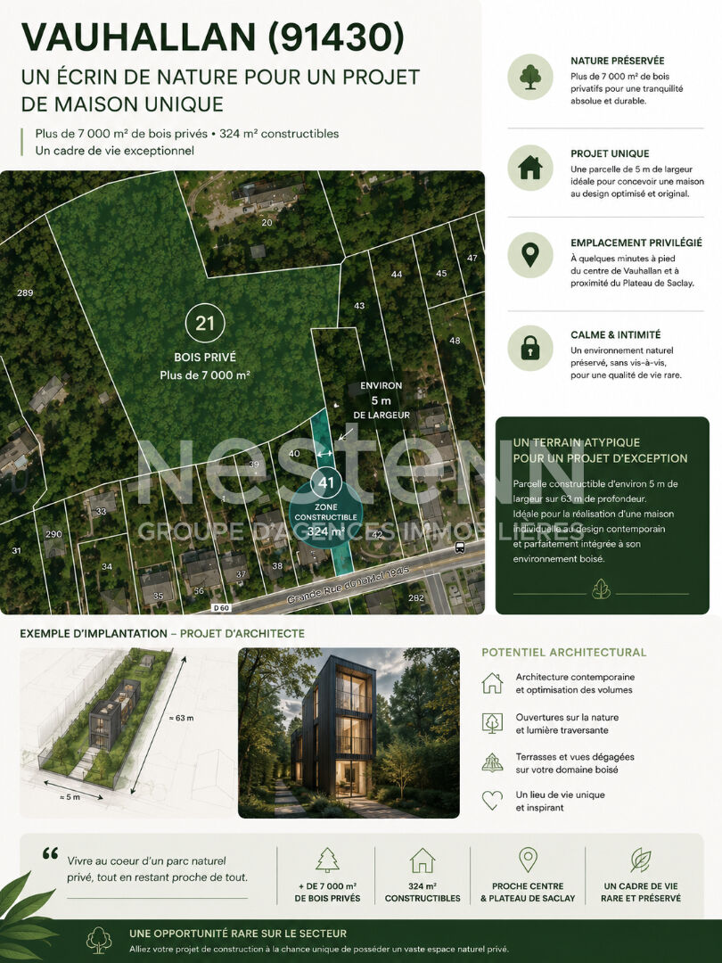 Terrain constructible Vauhallan 7 435 m² - 324 m² à bâtir + bois privé 7 000 m² - environnement naturel - sans vis-à-vis - Pl