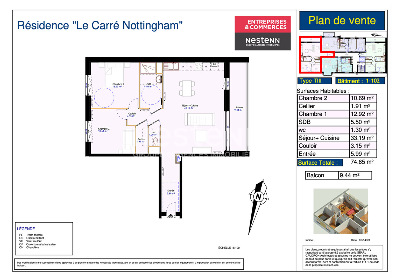 Programme neuf Appartements CALAIS-NORD avec place de parking du RDC au R+3 avec ascenseur Calais T3 de  68.59 m2 Possibilité Défiscalisation JEANBRUN