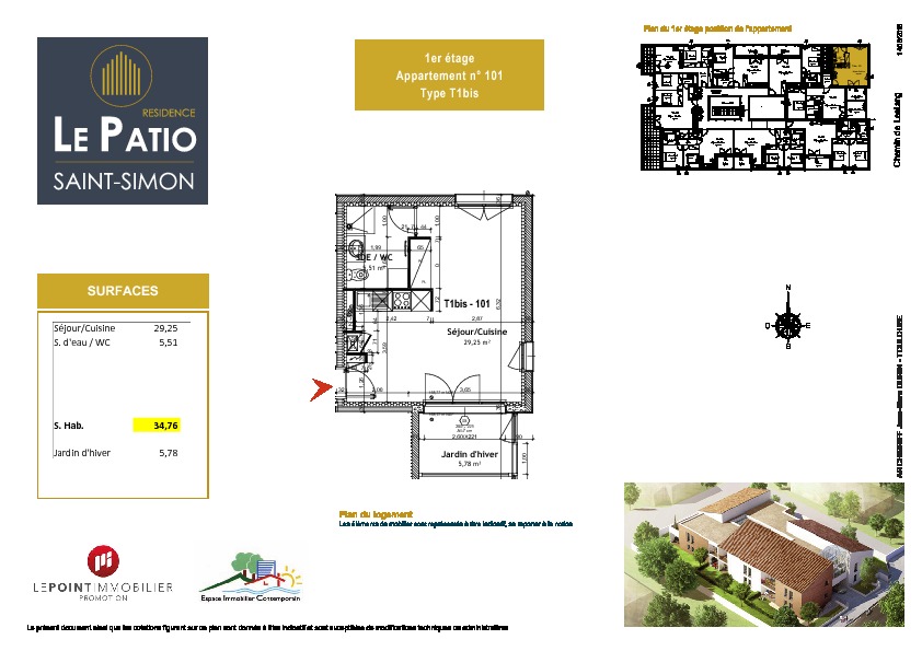 Toulouse 31100 Chemin de Lestang SANS FRAIS D'AGENCE Agréable T1 /T1 Bis Neuf  BBC  de 34.76m² ,Jardin d'hiver / véranda de 5.78m²  1 place de parking en sous sol